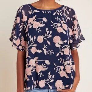 Maeve "Franca" Blue and Peach Textured/Embellished Floral Blouse Size S